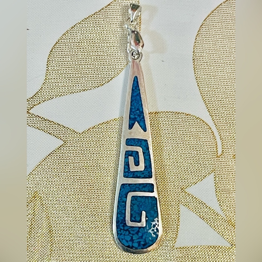 VTG Native American 925 Sterling Silver  Mexico Taxco Turquoise Inlaid Pendant